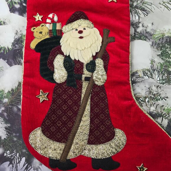 Vintage Old World Santa Red Corduroy Christmas Stocking Applique Star Buttons - Picture 6 of 13